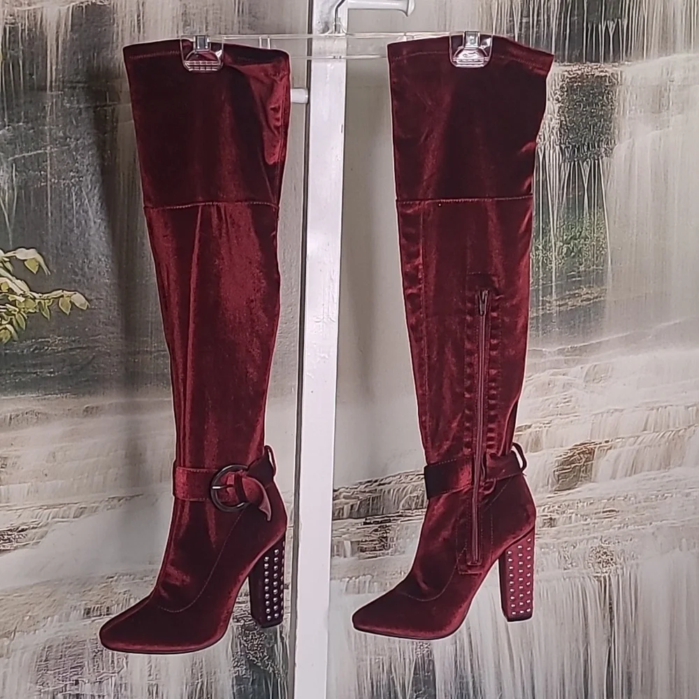 Yoki Womens 8.5 burgundy velvet stud knee high heel luxurious boots